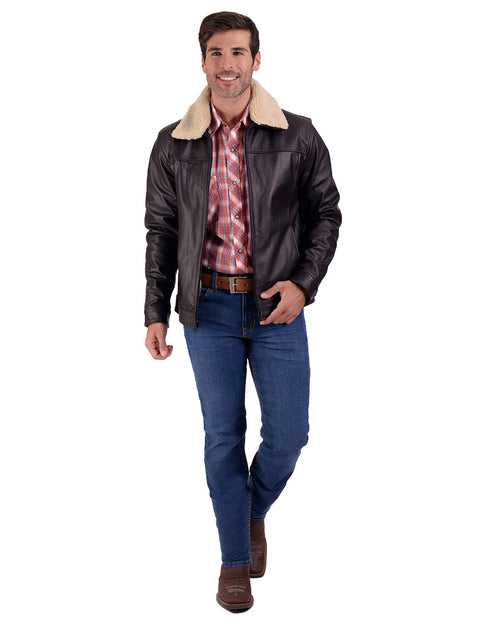 Chamarra de piel Perry Ellis para Caballero en color café con Cuello de Borrego.